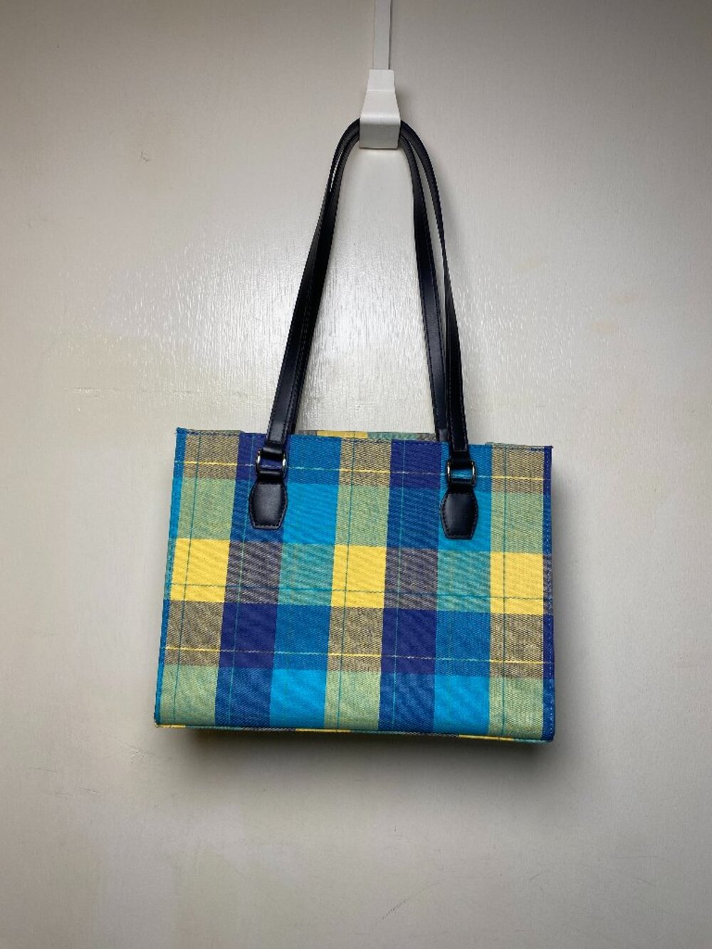 Preston & York Blue Yellow Plaid Tote Shoulder Bag Snap Closure Organizer